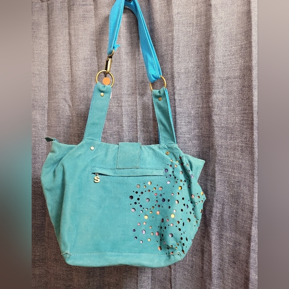 Desigual Teal Leather Tote with Multicolor Peek-Through - Picture 2 of 15